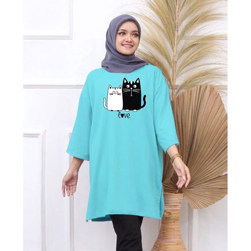 KAOS OVERSIZE TOP HIJAB WANITA BASIC MEOW LOVE / OVERSIZE SLIT BLOUSE