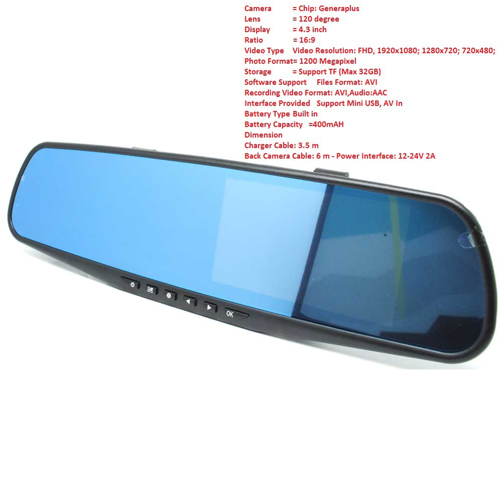 Kaca Spion Rear View DVR Dual Kamera 1080P 4.3 Inch Display-kaca mobil display camera-car mirror