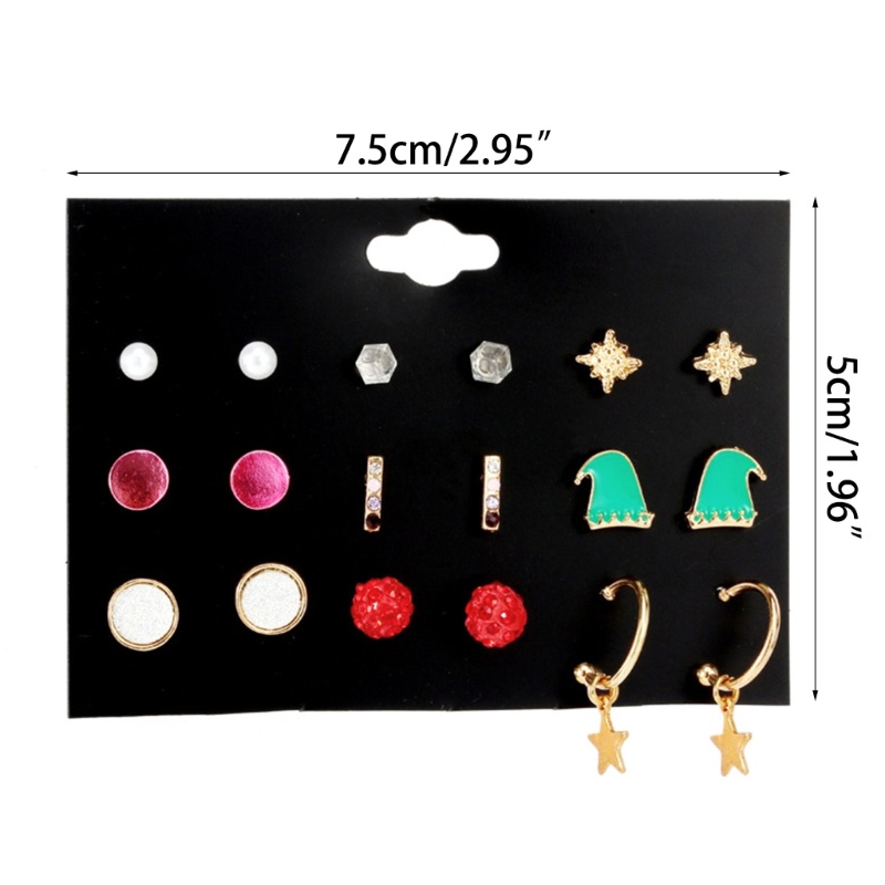 9 Pasang Anting Stud Desain Natal Bahan Alloy Untuk Wanita