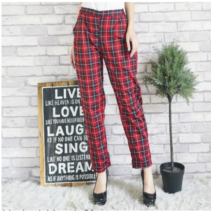 CELANA PANJANG BAHAN KATUN WANITA ANAK PEREMPUAN KOTAK RUFINA