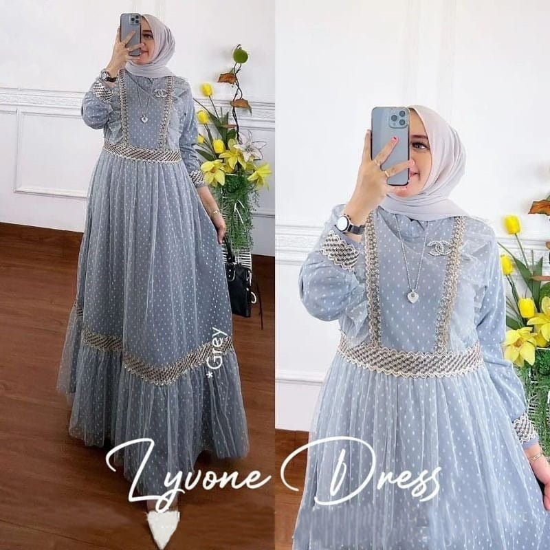 PCS MAXY LYVONE FASHION PAKAIAN WANITA DRESS GAMIS MAXI BAHAN TILE DOT MR