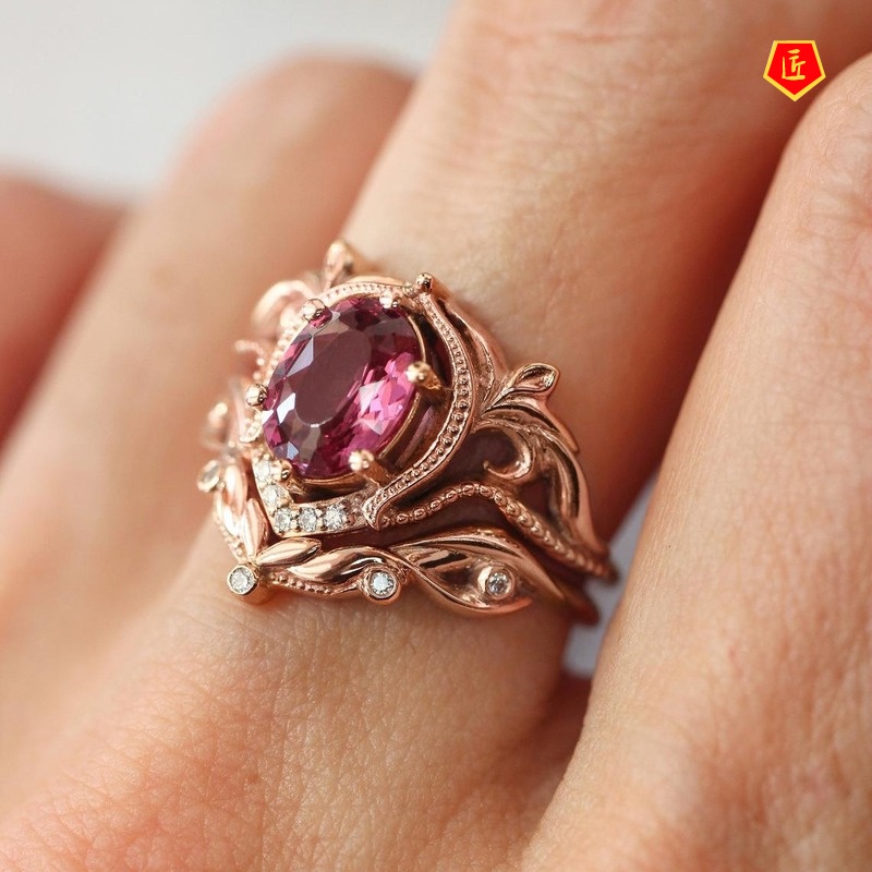 [Ready Stock]Exquisite Inlaid Opal Ring Set Female 18K Rose Gold