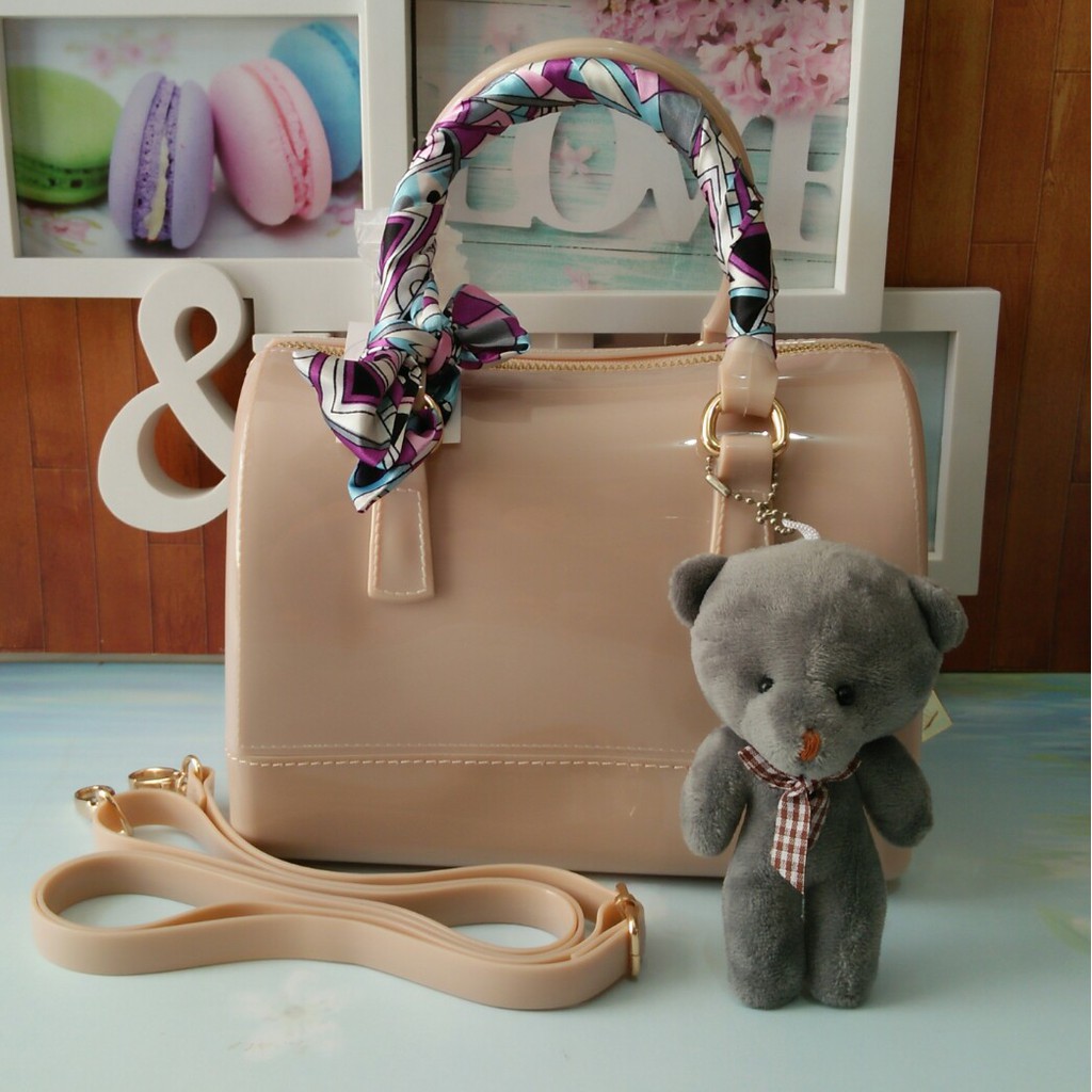 Best Seller Tas Tangan Pesta Wanita Brand Furla Tabung Jelly Mini Warna Cream Nude