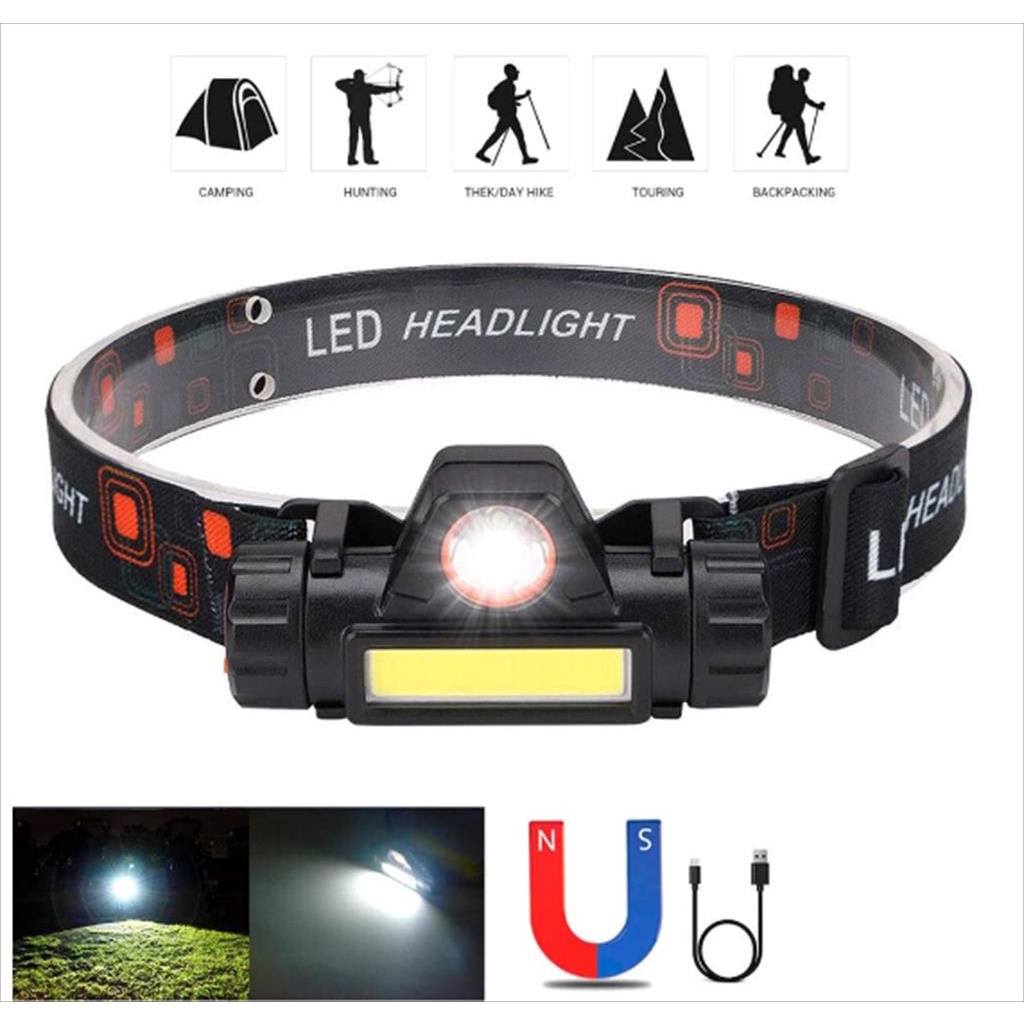 Senter Kepala LED 2 in 1 Waterproof Headlamp Rechargeable