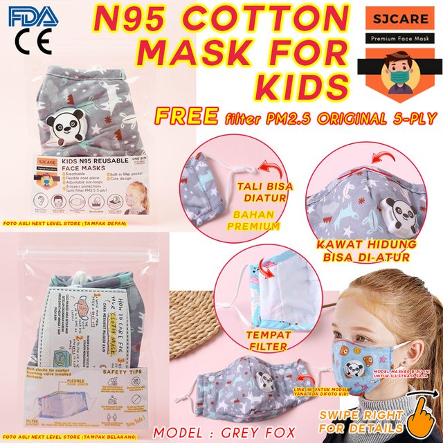 SJCare Masker Anak Premium Kids Katup Respirator FREE FILTER PM 2.5 - Grey Fox