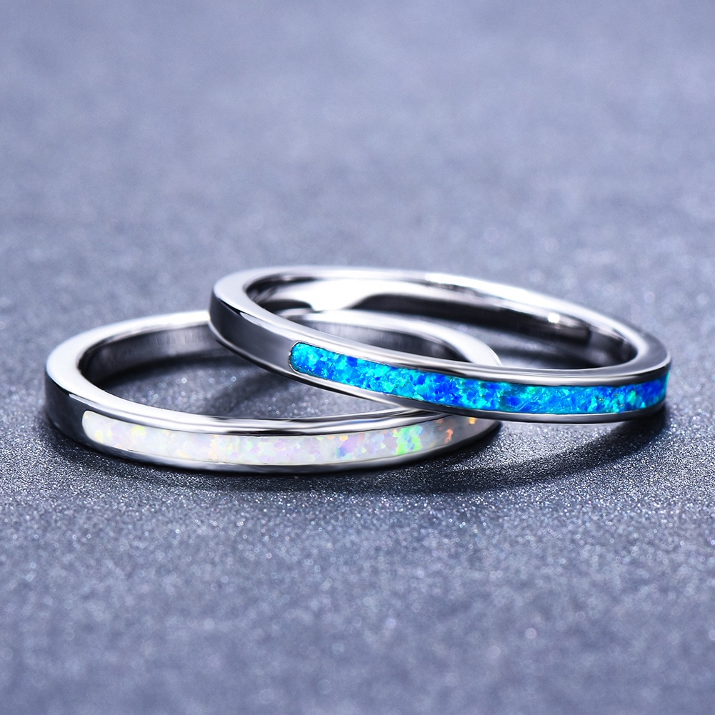 New European and American imitation inlaid blue opal 4mm silver ladies fashion simple thin ring