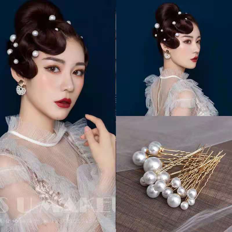 20pcs / Set Jepit Rambut Bentuk U Desain Bunga Aksen Mutiara Kristal Bahan Logam Untuk Wanita