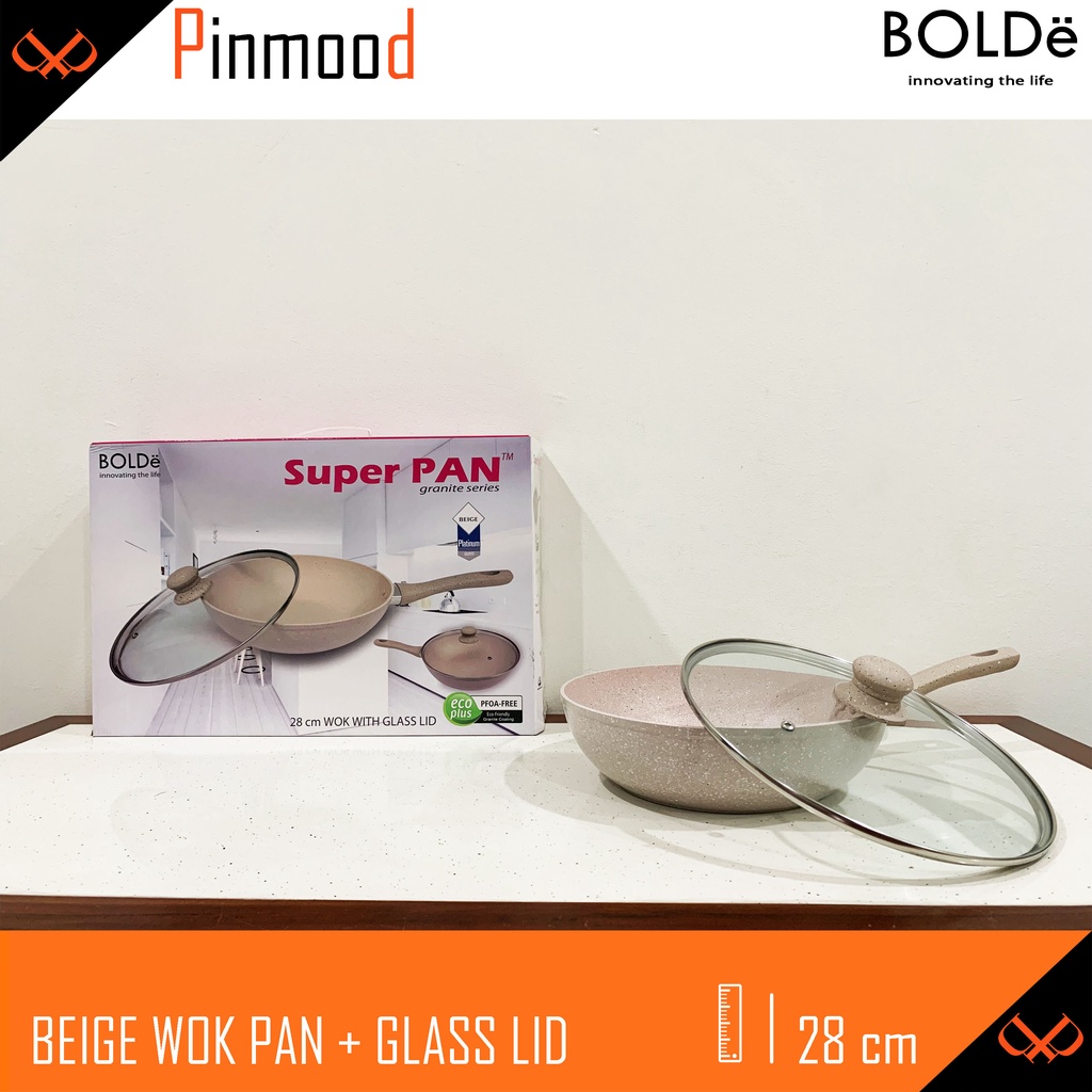 BOLDE BEIGE 28 CM WOK PAN + GLASS LID / TUTUP KACA SUPER PAN COATING GRANITE PANCI PENGGORENGAN WAJAN ANTI LENGKET