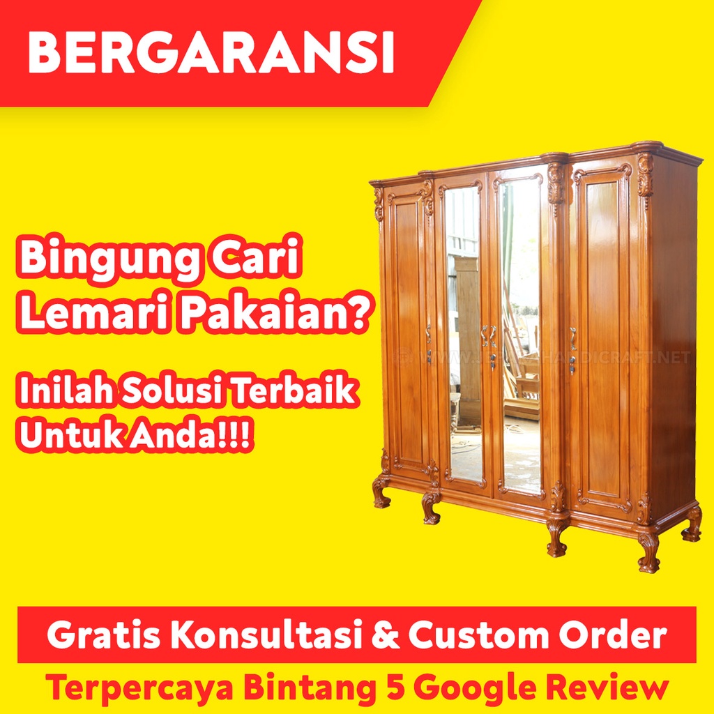 Lemari Baju Ukiran 4 Pintu Kayu Jati Asli Mebel Jepara