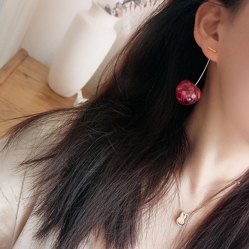 Anting Stud Panjang Desain Buah Cherry Gaya Jepang