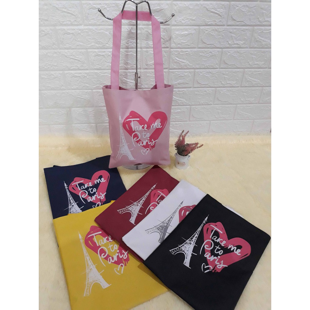 OTS 487 - TOTEBAG PARIS LOVE WARNA-WARNI CERIA / TOTEBAG SABLON KANVAS / TAS TOTEBAG WANITA