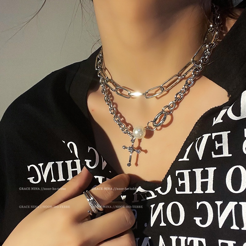 IFYOU Kalung Rantai Choker Desain Salib Hati Warna Silver Gaya Korea Untuk Pria