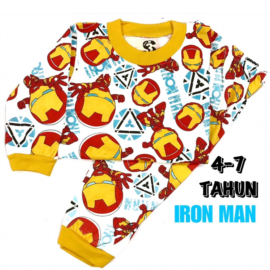 (1 KG MUAT 6 STEL) BAJU TIDUR ANAK KIDS LAKI-LAKI/COWOK SETELAN/STELAN BAHAN KAOS KATUN 4-7 TAHUN IRON MAN/HERO