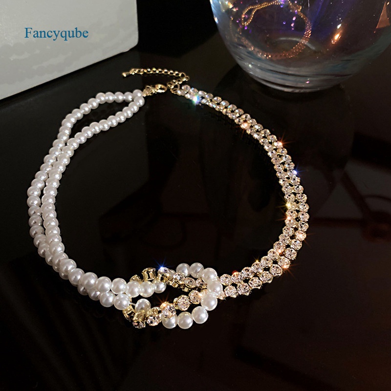 Fancyqube Kalung Rantai Choker Liontin Mutiara Multilayer Bahan Logam Warna Emas Perak Gaya Korea Retro Untuk Wanita