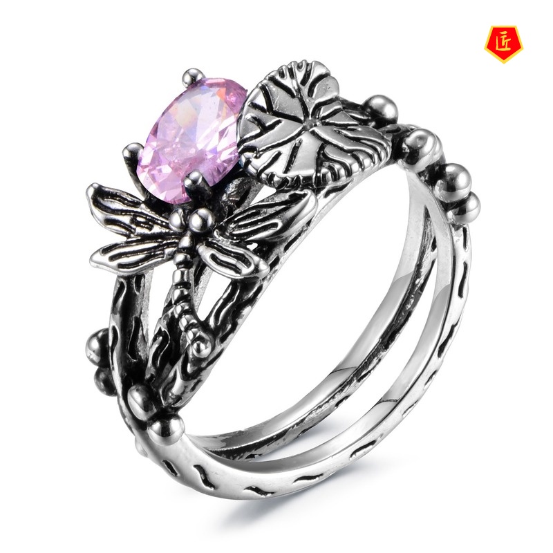 [Ready Stock]Creative Dragonfly Lotus Ring Women's Retro Silver Inlaid Topaz