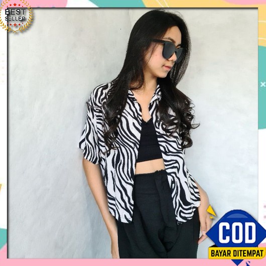 Baju Atasan Kemeja Wanita Jumbo Lengan Pendek Crop Top Terbaru 2021 Po Kemeja Zebra
