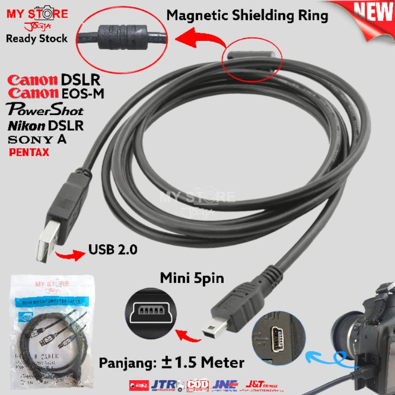 Kabel Data Camera USB 2.0 Mini B 5 Pin ± 1.5M Kamera Nikon DSLR D80 D90 D3000 D3100 D7000 D600 D610 
