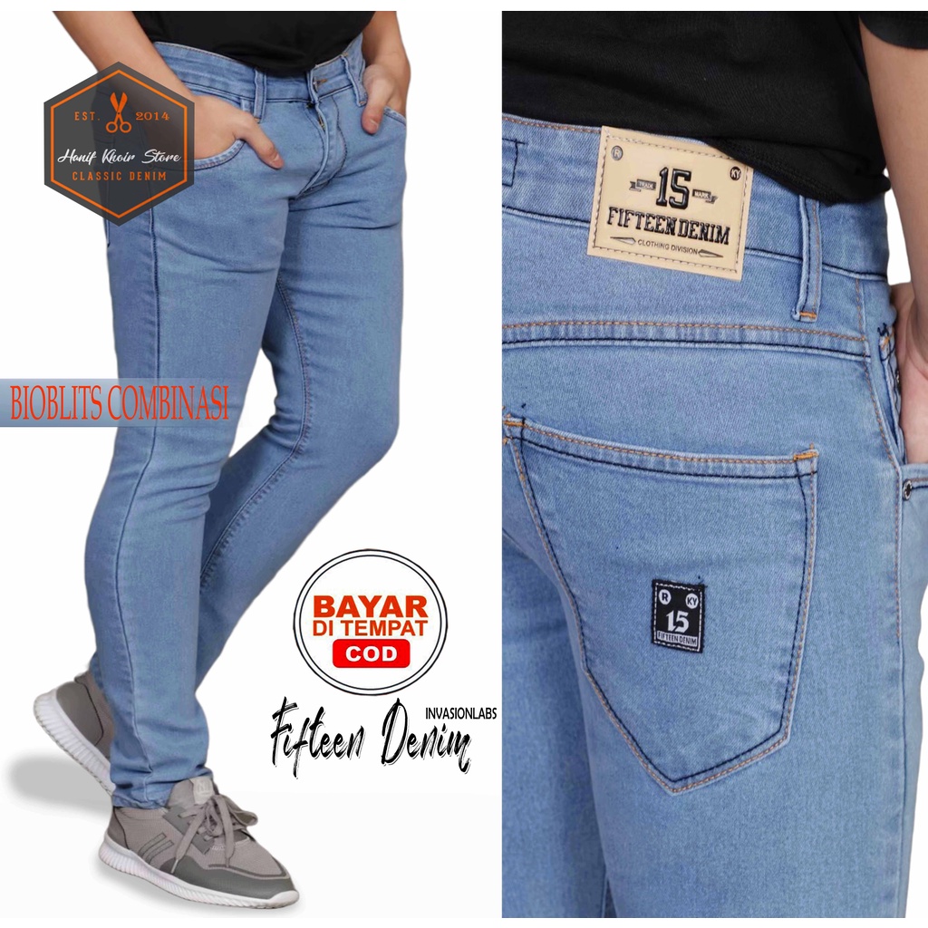 Celana Jeans Terlaris Panjang Skinny Semi Slimfit FIFTEEN DENIM Cowo Cowok Pria Murah Calana Distro Brand Lokal Bandung Gaya Kekinian