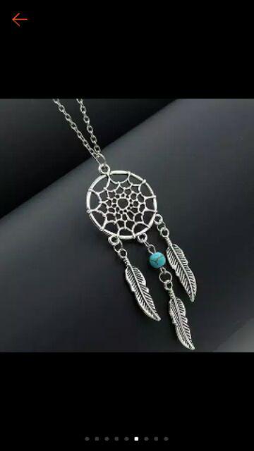 Perhiasan Kalung Wanita: Model Vintage Dengan Rantai Berliontin Pirus Bentuk Dream Catcher Dan Bulu