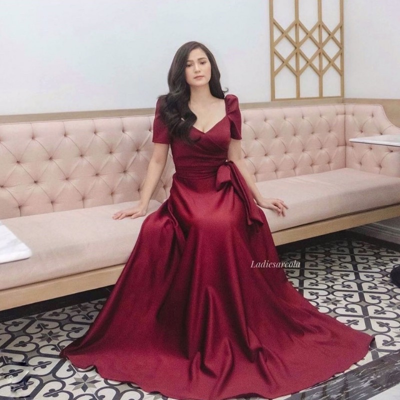 FINA GOWN - Gaun pesta wanita maxi dress puff sleeves baju party big size jumbo ukuran besar puffy v