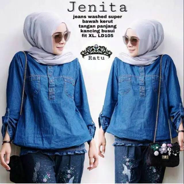 JENITA | Blouse Jeans Wanita Variasi Bawah Kerut LD 110 Fit XXL | Blouse Jeans Wanita Kekinian