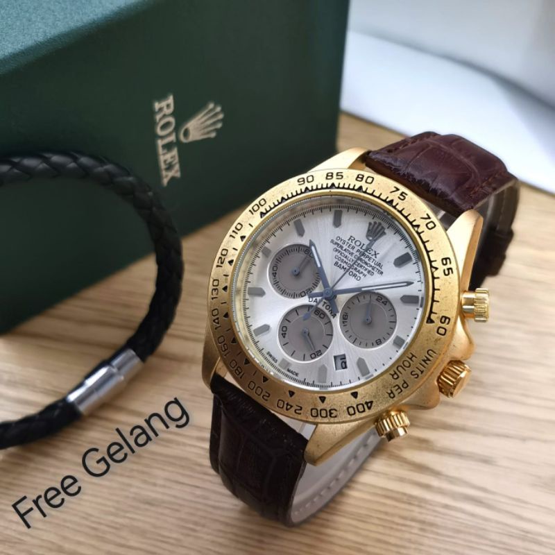 JAM TANGAN PRIA ROLEX CHRONO KULIT FREE GELANG SEMI SUPER