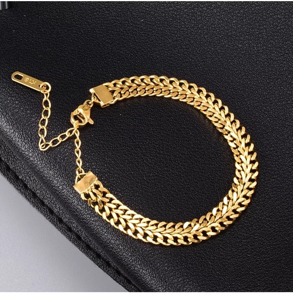 Gelang Rantai Kuba Lapisan Ganda Warna Gold