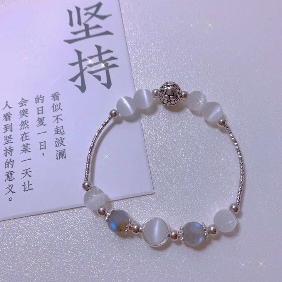 Gelang Tangan Silver Antik Hias Batu Opal Moonstone Untuk Pria Wanita