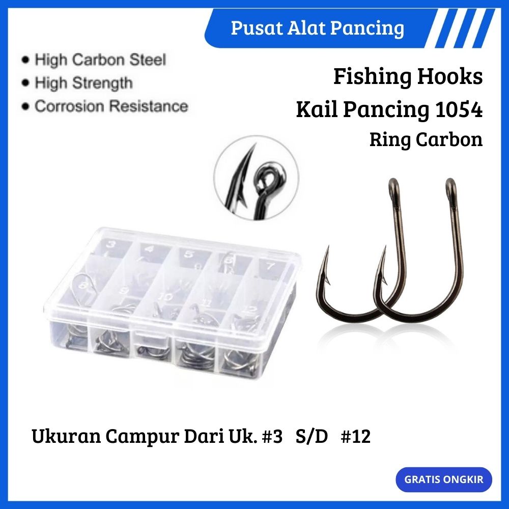 Paket Kail Pacing 1054 Fishing Hook Ten Division No 3-12 Set Mata Kail Pancing Bahan Baja Karbon Dan Stainless Steel