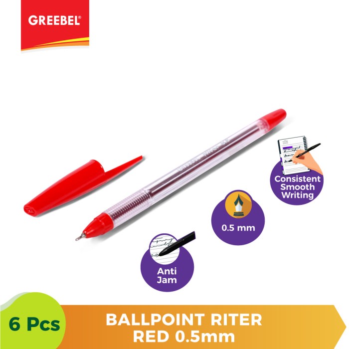 Ballpen Merah Pulpen Greebel Ballpoint Riter0.5 Red - 6pcs.