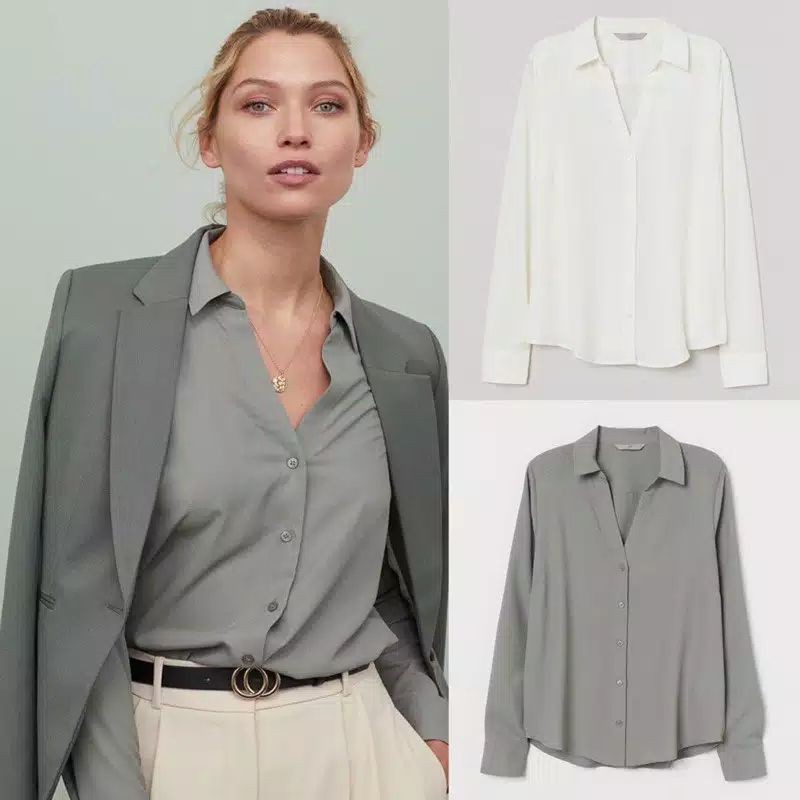 KEMEJA WANITA ATASAN CEWEK WHITE AND OLIVE H*M V NECK ORIGINAL BRANDED MURAH WOMAN TOP FORMAL