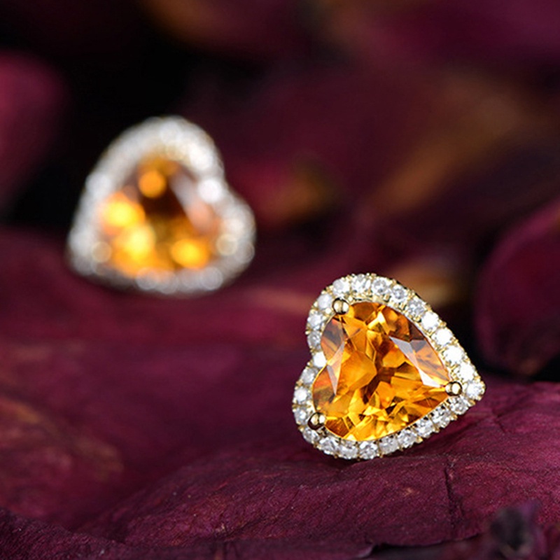 Fancyqube Anting Stud 925 Silver Bentuk Hati Aksen Batu Permata Zirkon Citrine Untuk Wanita