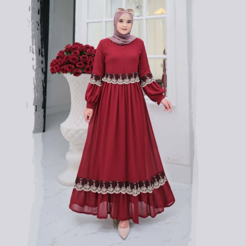 Sonia Maxy Fashion Muslim Wanita Bahan Ceruty Babydoll Aplikasi Renda / Gamis / Dress / Gamis Malays