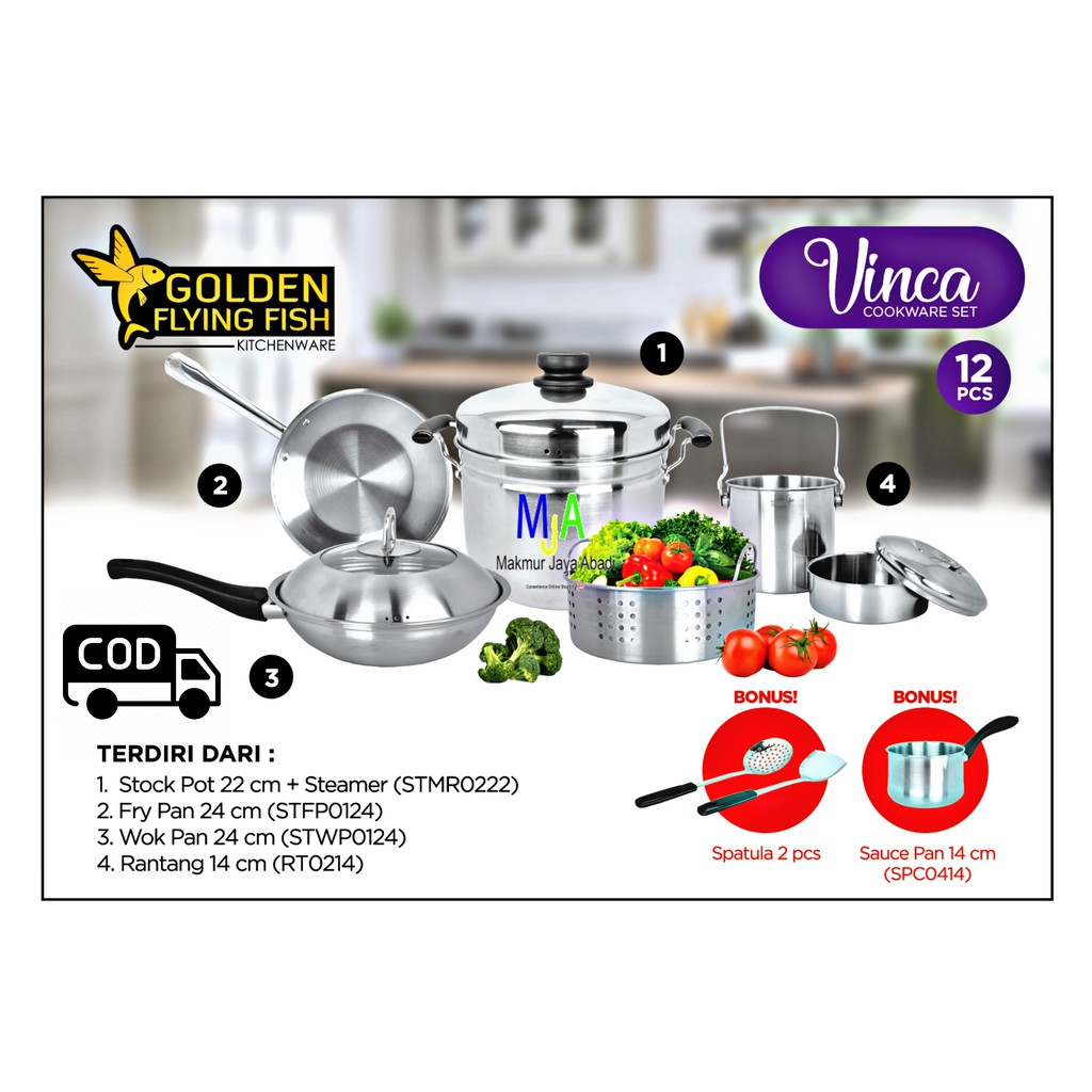 (BISA COD) PROMO Panci Set Golden Flying Fish Cookware Set Vinca 12pcs STAINLESS STEEL Premium