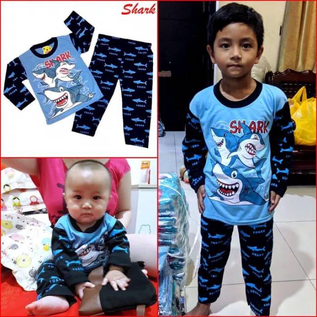 Setelan Baju Tidur Piyama Anak  Motif SHARK Cowok  Cewek 