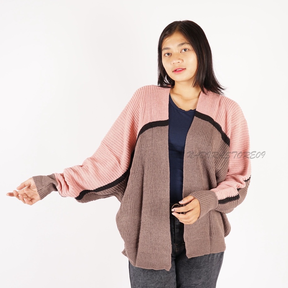 CARDIGAN BATWING RAJUT OVERSIZE PREMIUM / KOMBINASI / DUSTY BURGUNDY STRIP HITAM