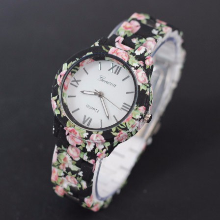 Jam Tangan Geneva Cewek | Grosir Jam Tangan Wanita / Cewek Murah Obral Geneva Bunga Mika Black B_SWH