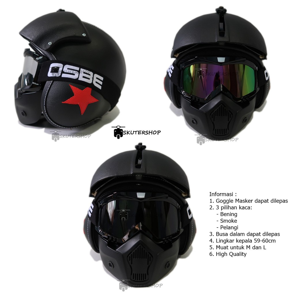 Helm Pilot Retro Kulit Klasik Motif Red Stars with Goggle masker Osbe