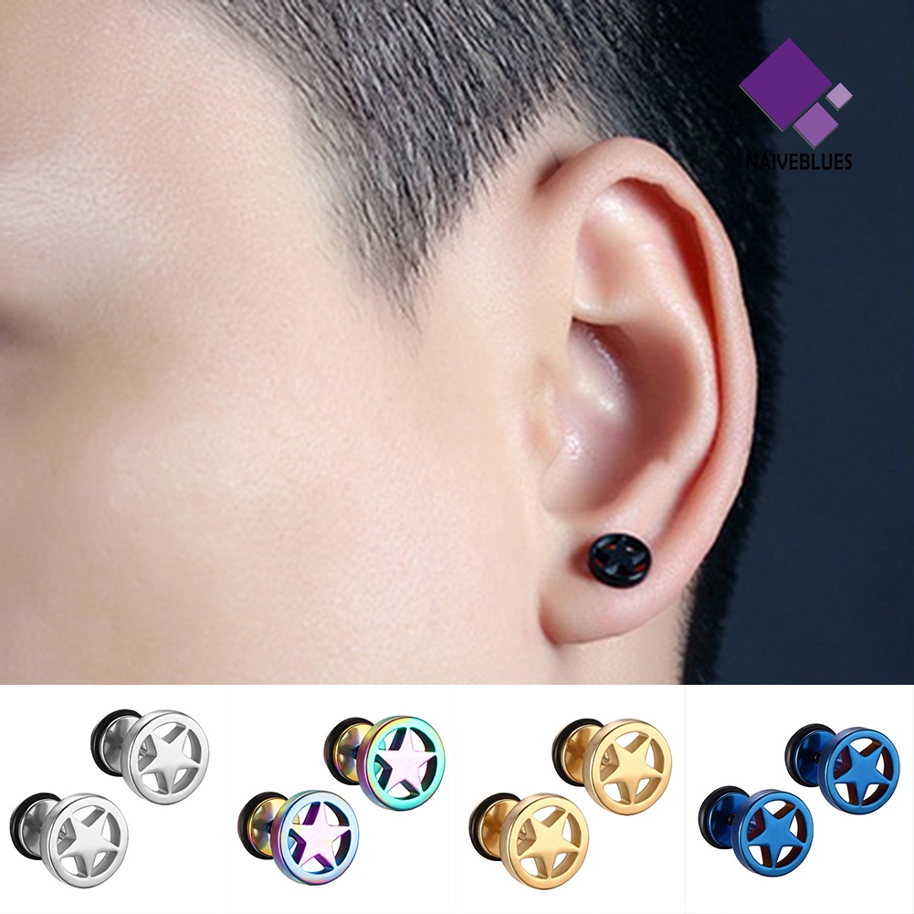 Anting Stud Bentuk Bintang Barbell Bahan Stainless Steel Gaya Punk Untuk Pria Dan Wanita