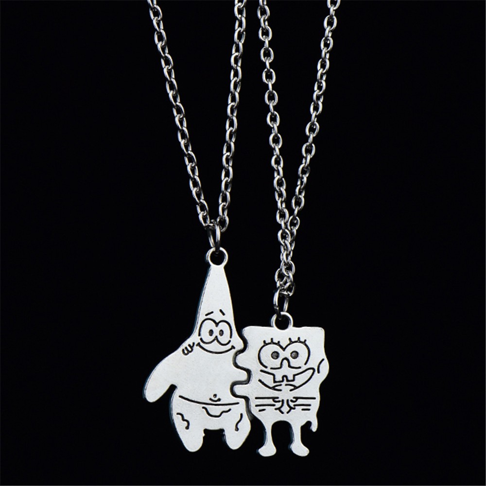 【COD Tangding】2pcs/set Sponge Bob Square Pants Sent Big Star Lovers Couple Necklace Hip-hop Accessories Instagram Cartoon Tide Chain Jewelry Accessories