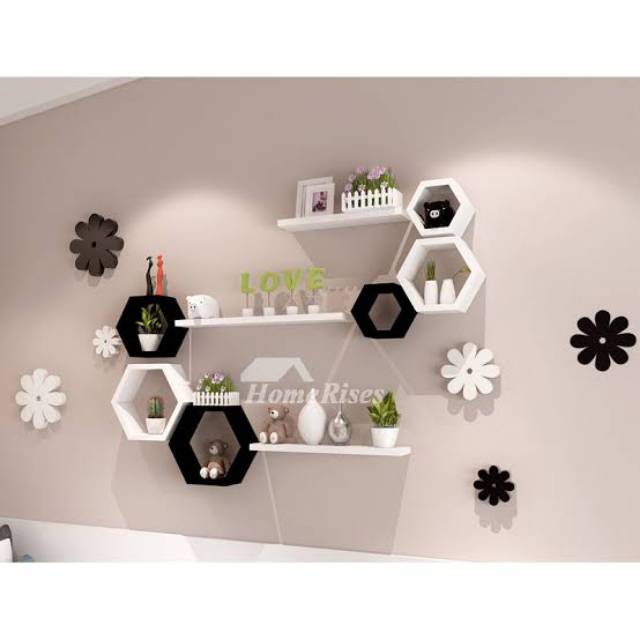 Rak dinding hexagonal 6 pcs + ambalan 3 pcs