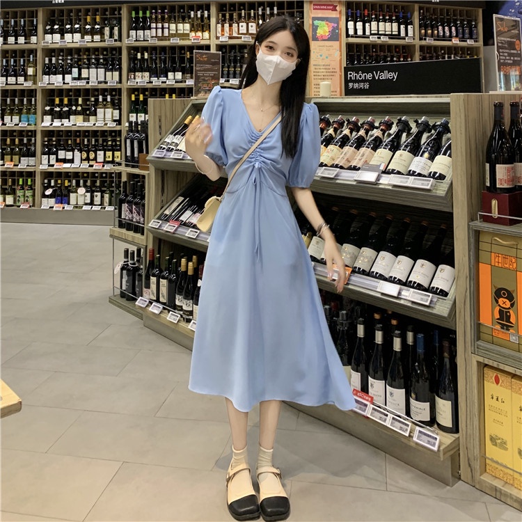 pakaian wanita korea daster kerut dada COD 2022 New Fashion Korean Style Short Sleeve Drawstring V Neck Midi Dress polos for Women Summer Black Blue solid color A-Line Casual Dresses wanita 2023 korea sexy murah