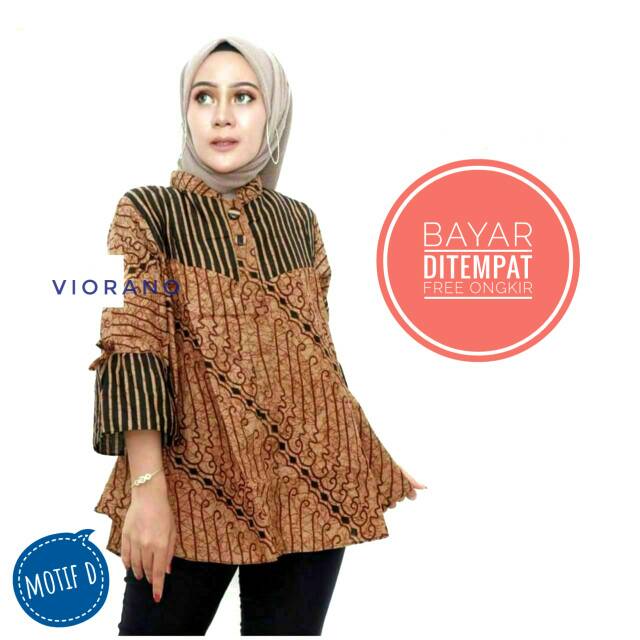 Baju Atasan Batik Muslimah Lengan Terompet / Blouse Wanita Hijab Kancing Lawasan Coklat Berkualitas