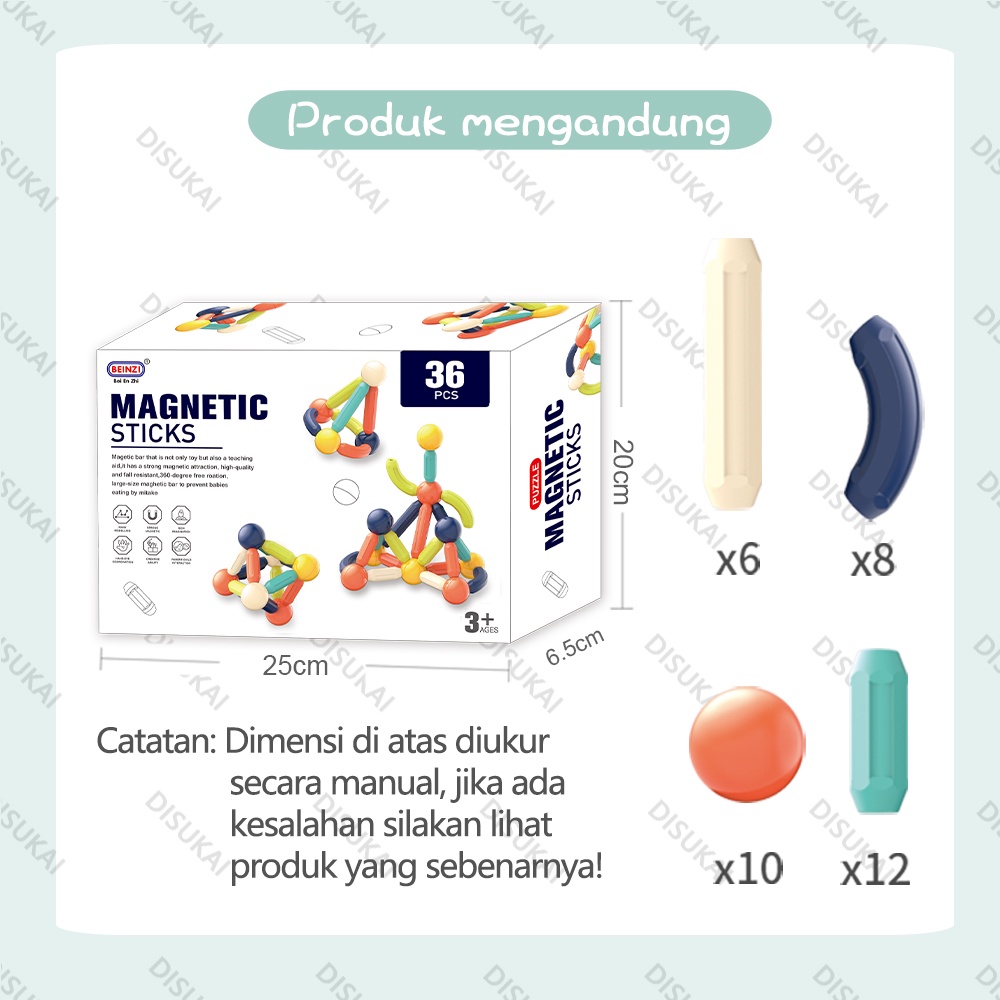 【Stok Baru】Tongkat balok bangunan magnetik 36 pcs Hisap yang kuat Mainan edukatif mainan puzzle mainan anak