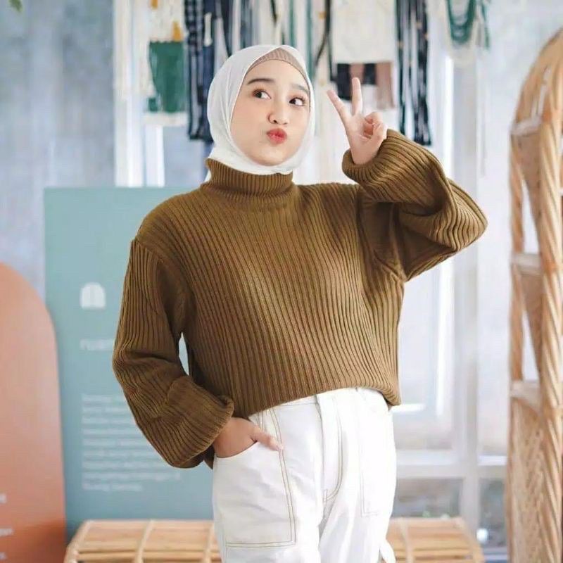 SWEATER BAYONETA BALLON KNIT/BAJU RAJUT WANITA KERAH TINGGI TANGAN BALON/OVER SIZE