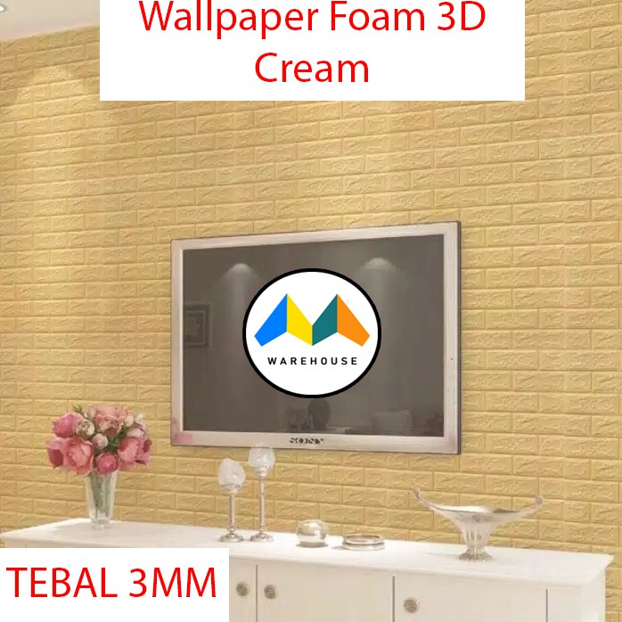 MW Wallpaper Foam Cream Bata 3D Bata Warna Cream Premium Wall Paper Sticker Tebal 3MM