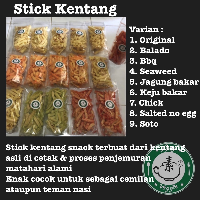 

Stick Kentang Vegan stick kentang vege stick kentang vegan stick Kentang varian rasa stick kentang varian rasa vege stick kentang varian keju balado original bbq cheese seaweed jagung bakar keju bakar salted egg chicken soto