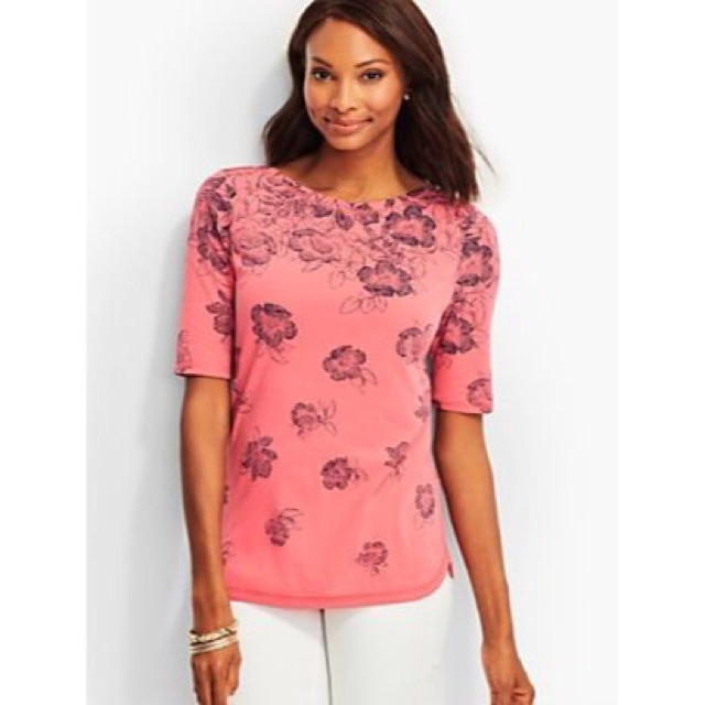 TALBOTS Weekend Ribbed Envelope Bateau Tee Etched Flowers Blouse (Coral)