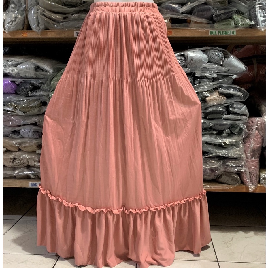 Rok panjang Plisket Lidi Cabang Rok muslim/Mayung/Payung Longgar/jumbo Bawahan Terbaru Termurah Terlaris-Dusty salem