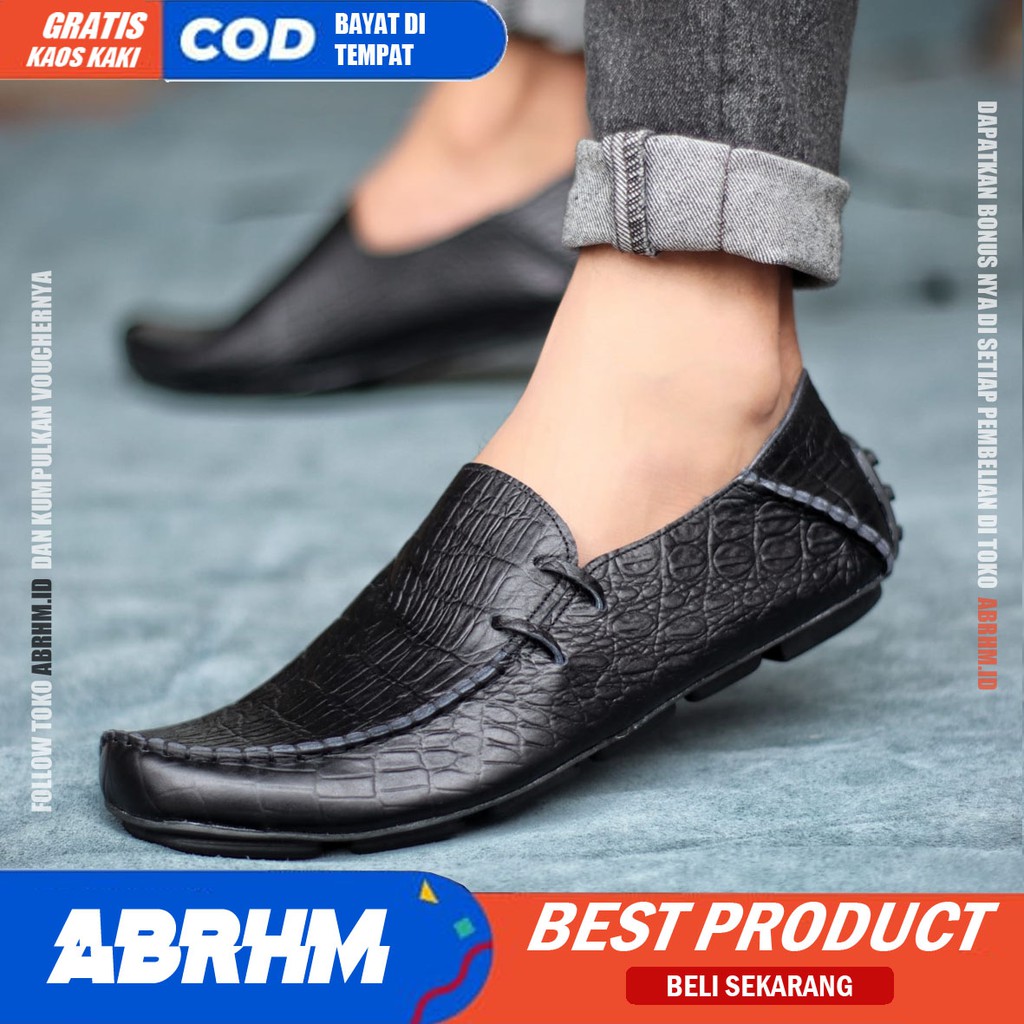 ABRHM x MOCLAY Sepatu Slip On Casual Pria Sepatu Slop Cowok Mocasin Anti slip Kulit Asli Sepatu kerja Pantofel Semi formal Keren Kekinian Original